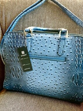 Dasein Blue Faux Ostrich & Croc Satchel with wristlet